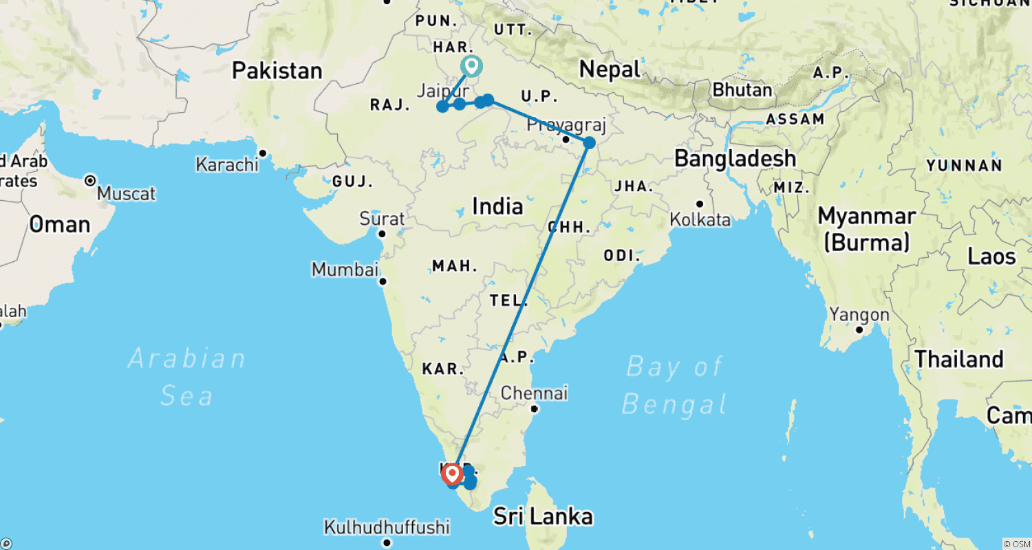 Mapa trasy: Złoty Trójkąt z Varanasi i Keralą
