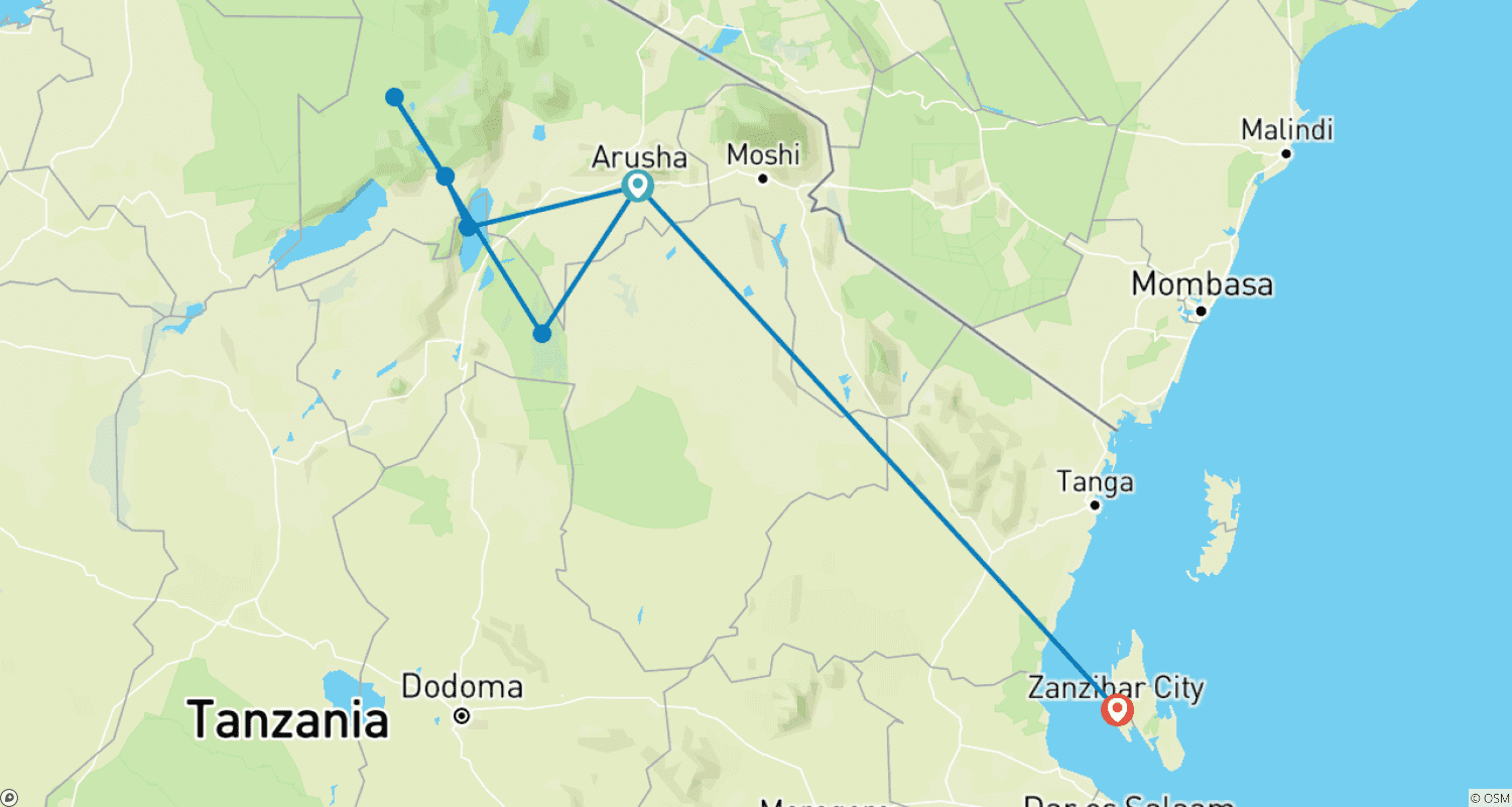 Mapa do percurso de Safari de 3 Dias Acessível na Tanzânia a Partir de Zanzibar