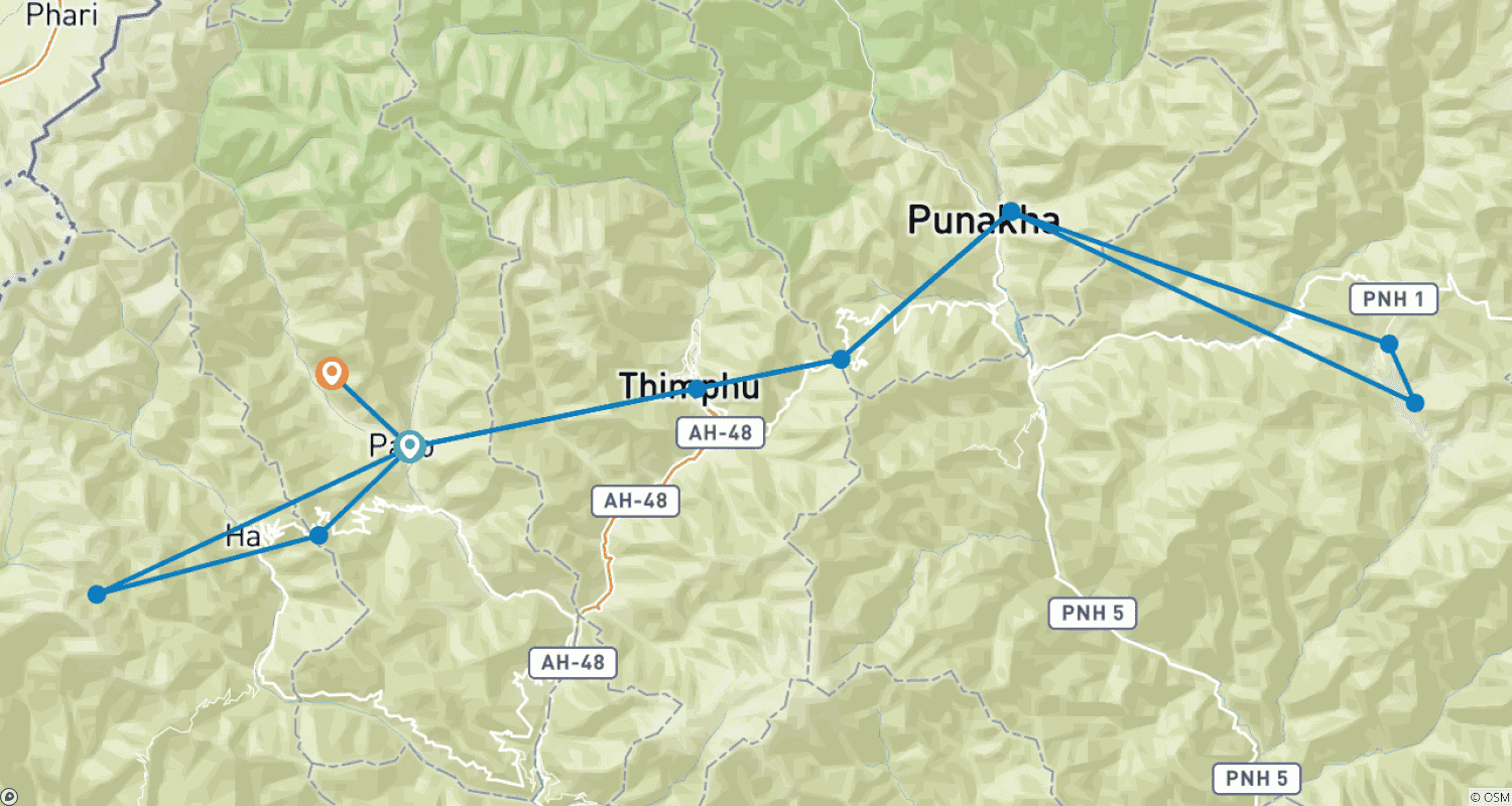 Explore Remote Villages of Bhutanのルートマップ