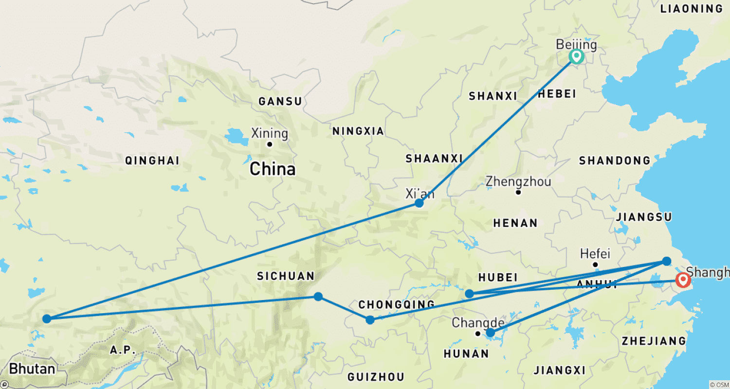 Mapa do percurso de TOUR DE LUXO TIBETE E CHINA