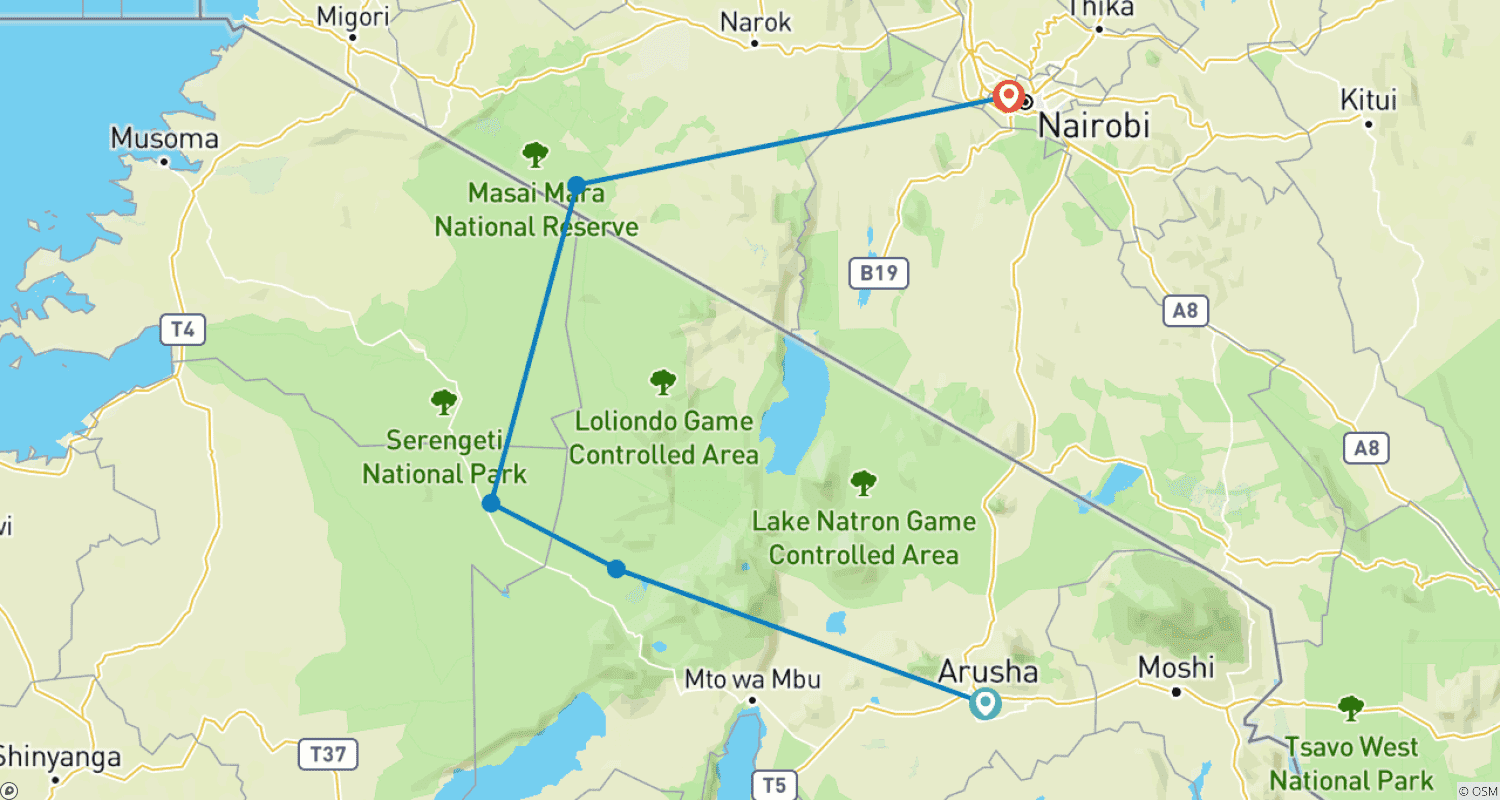 Mapa trasy: Odkryj najlepsze i najbardziej klasyczne na świecie 6-dniowe prywatne safari z Tanzanii do Kenii