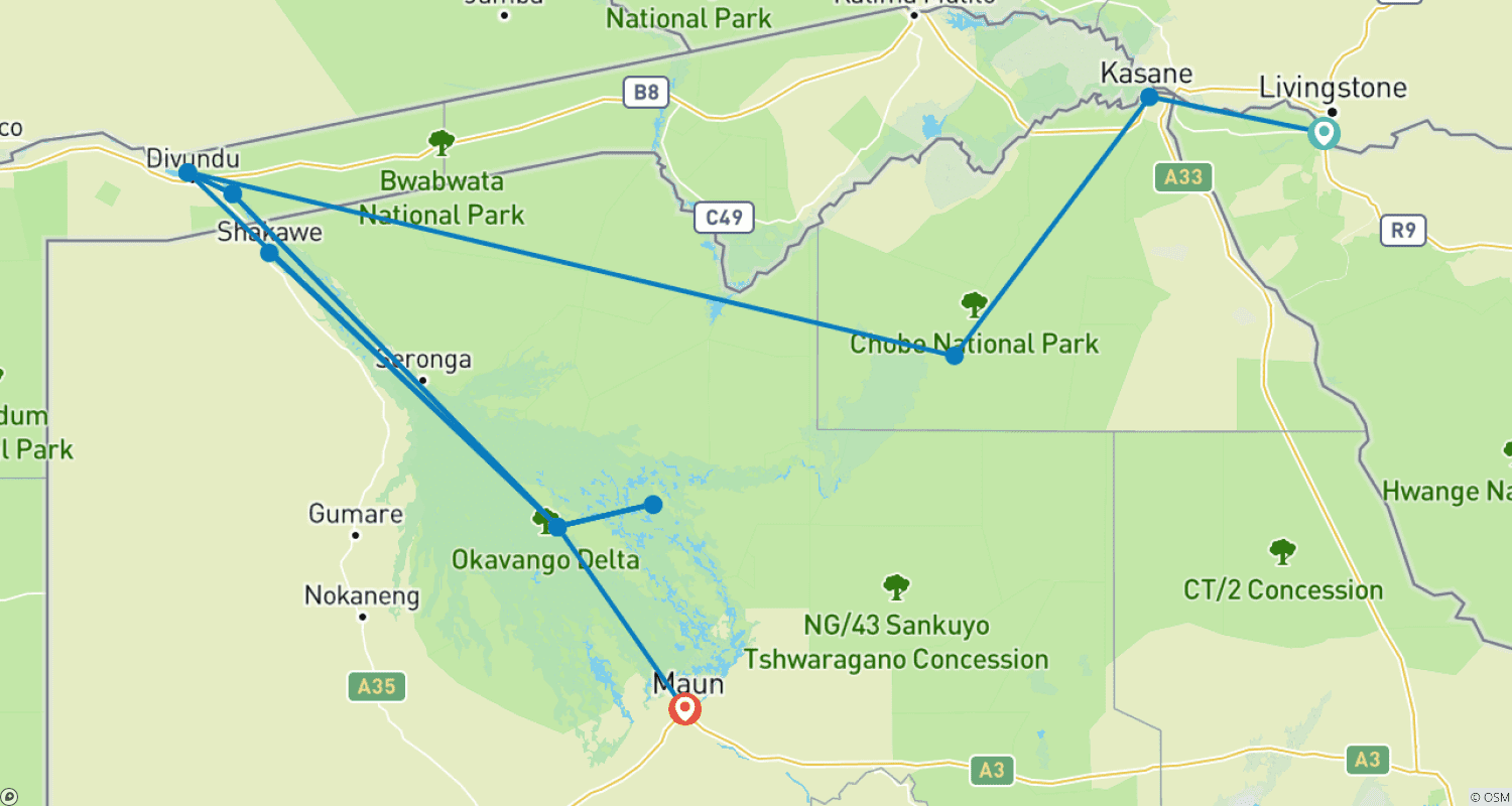 Moremi - 14-Day Adventure Tourのルートマップ