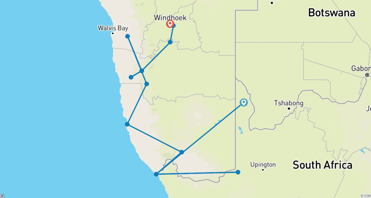 Mapa do percurso de Kalahari - Aventura de 15 dias
