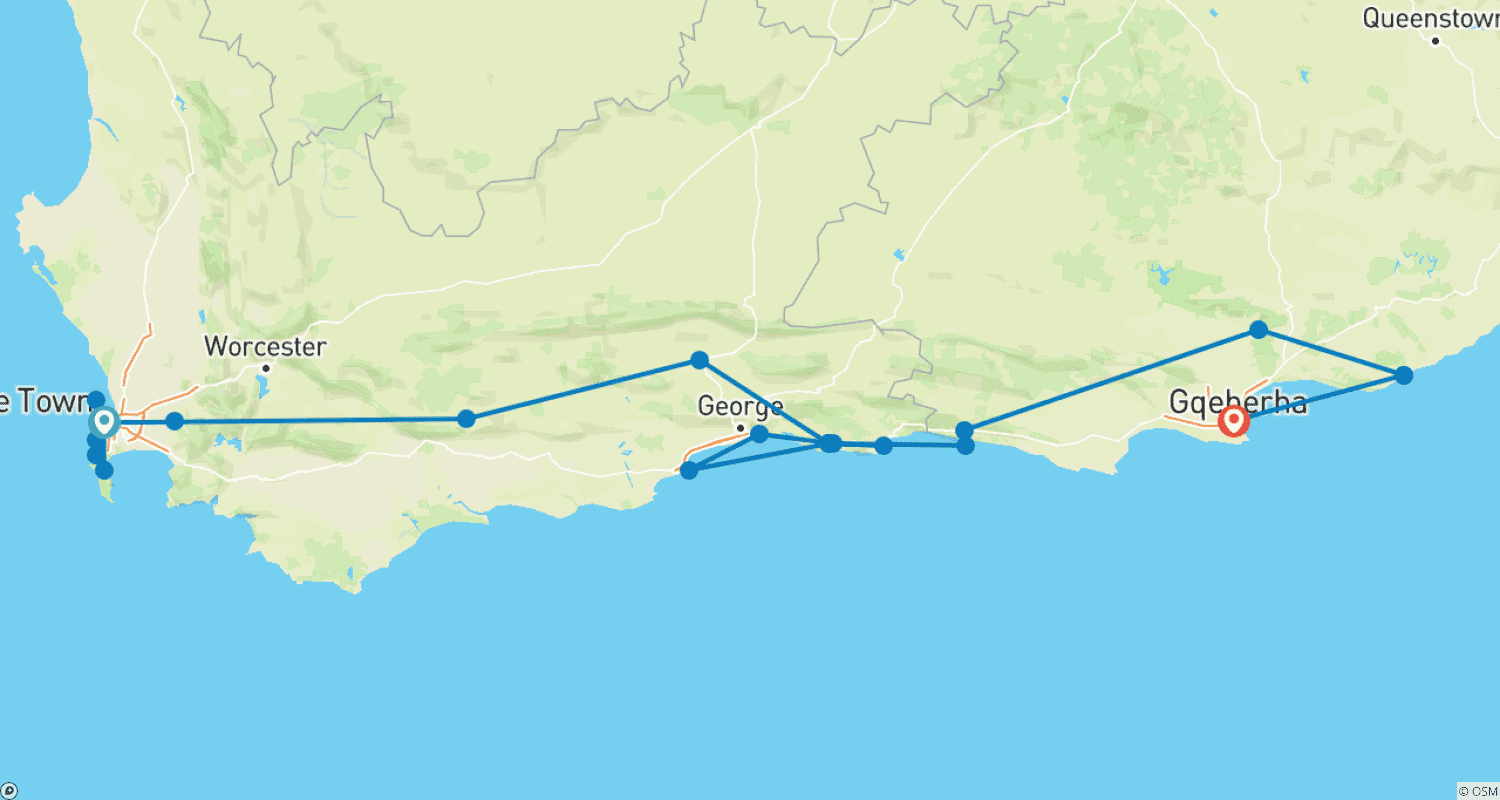 Mapa do percurso de Garden Route - Tour de Aventura de 14 Dias