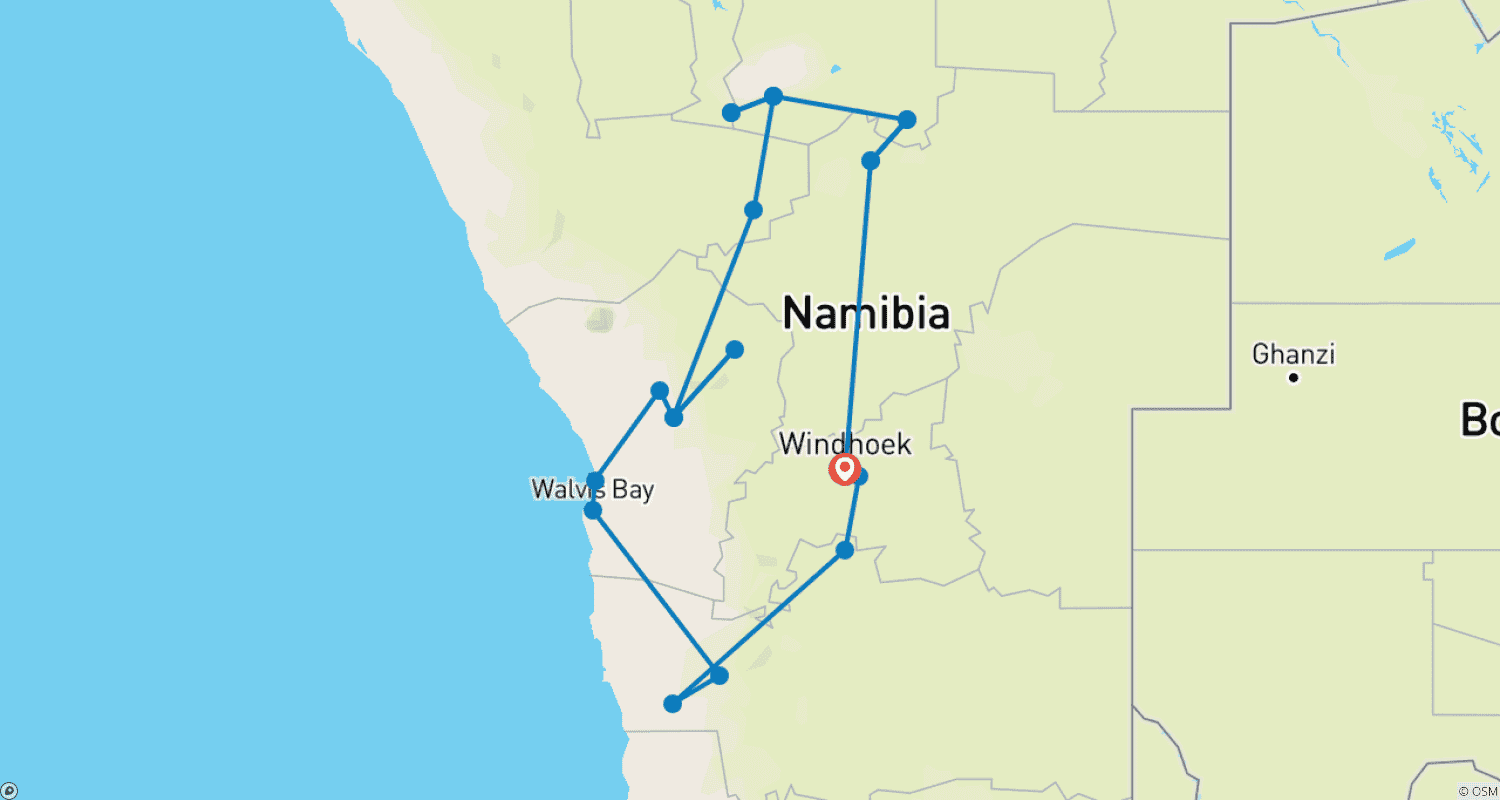Erongo - 17日間のアドベンチャーツアーのルートマップ