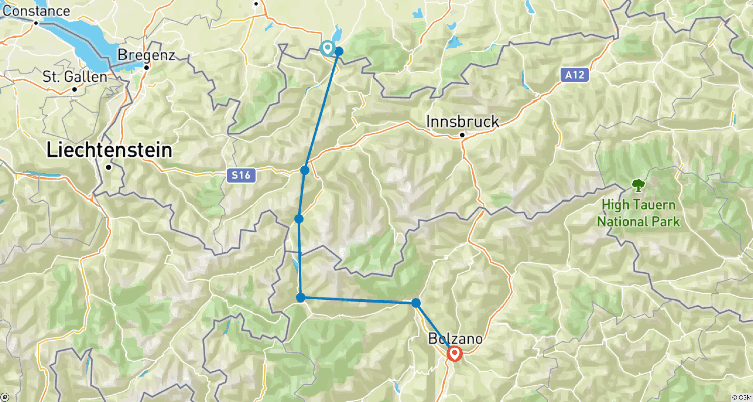 Mapa trasy: Via Claudia Augusta - Przekraczanie Alp z Füssen do Bolzano 6 Dni