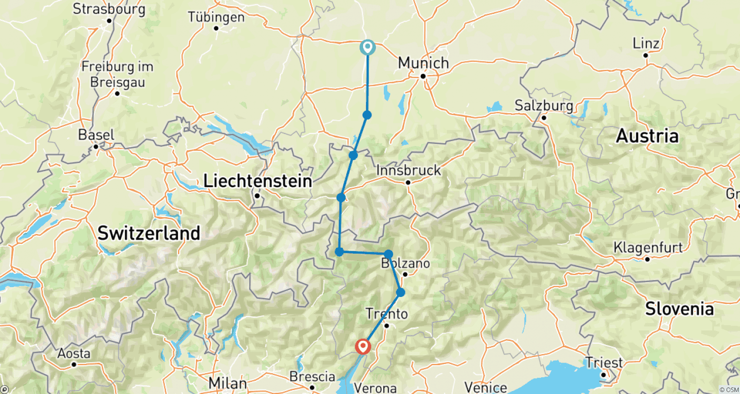 Mapa do percurso de Via Claudia Augusta - Tour Esportivo de Augsburg a Riva del Garda (9 dias)