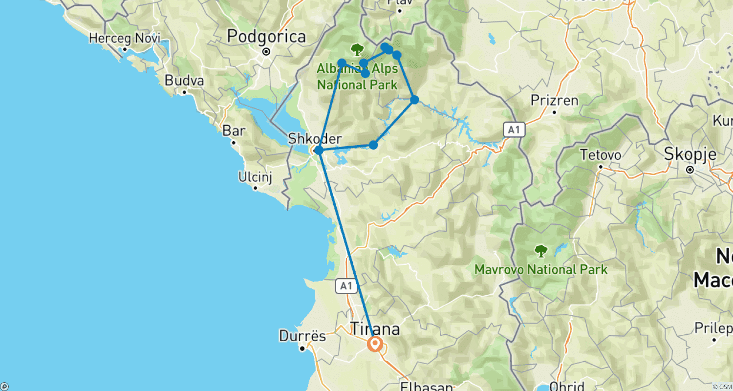 Mapa do percurso de Trekking no Norte da Albânia