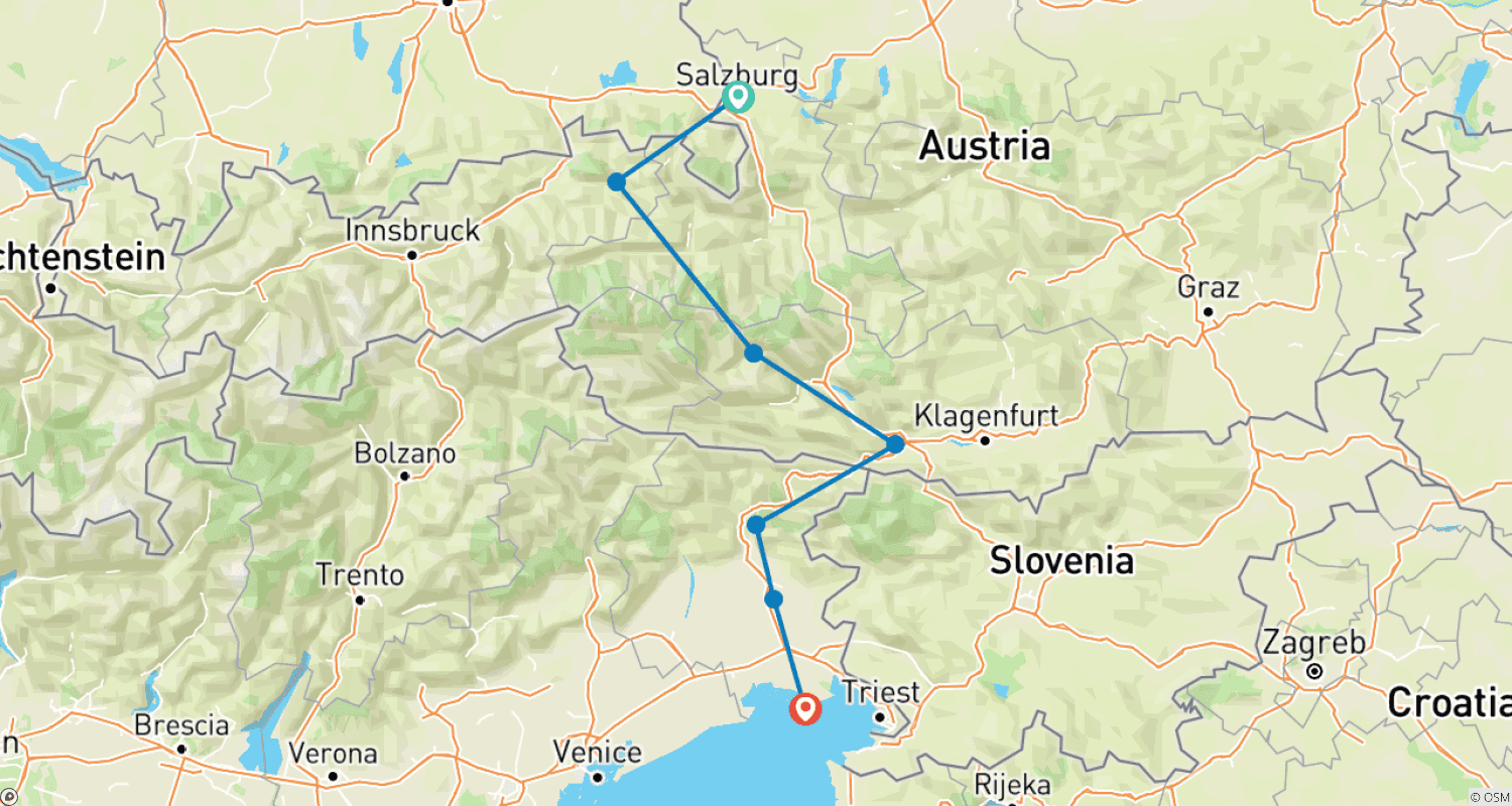 Mapa trasy: Alpe-Adria Cycle Path in 8 Days
