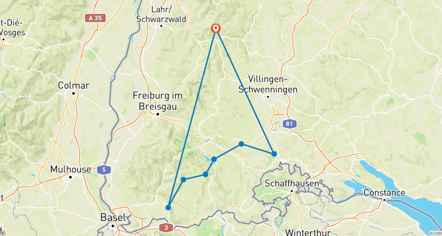Mapa do percurso de Schluchtensteig - a Diversidade da Floresta Negra - 8 dias