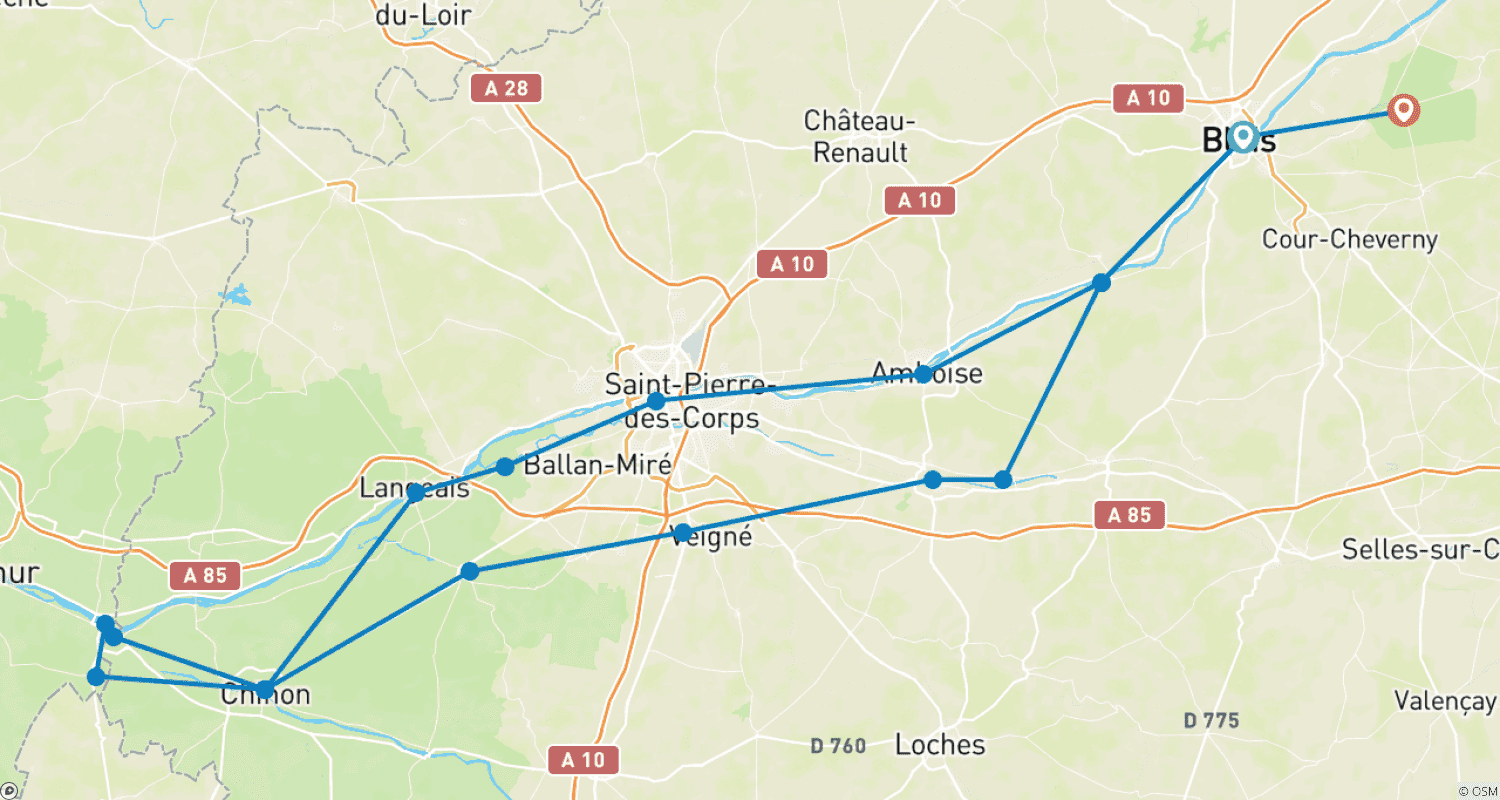 Mapa do percurso de França - Castelos do Loire - La Route Royale - 10 Dias