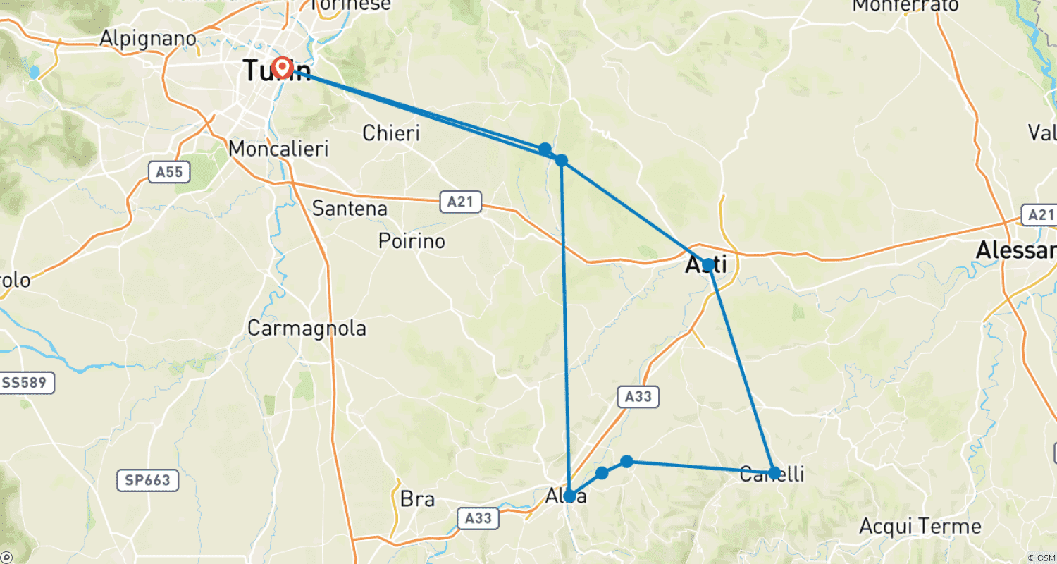 Mapa do percurso de Piemonte para apreciadores - Trufas, Vinho e Chocolate 8 Dias