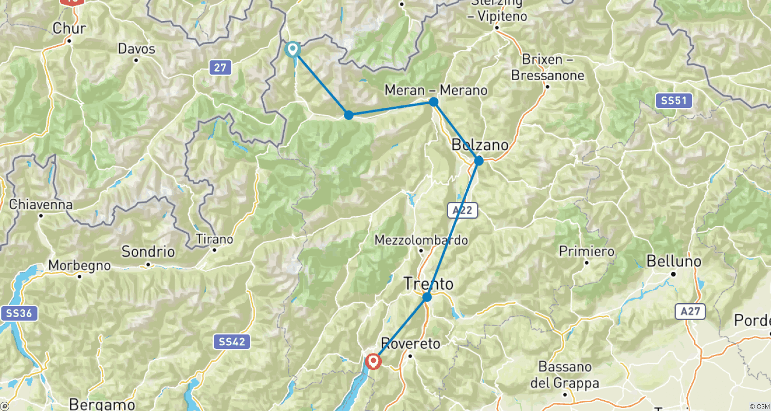 خريطة مسار Adige Cycle Path: Lake Reschen - Lake Garda in 7 Days