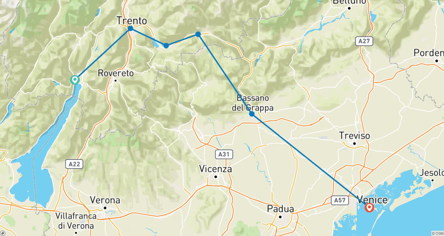 Mapa do percurso de Do Lago de Garda a Veneza - Excursão Encantadora (8 dias)