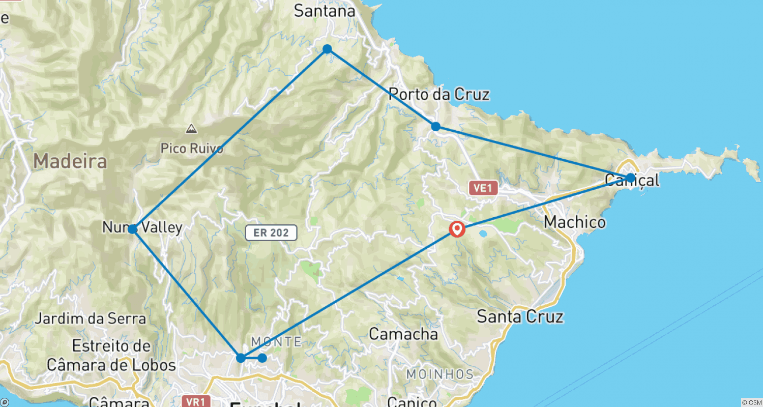 Mapa do percurso de Madeira - Caminhada de Quinta a Quinta - 8 dias