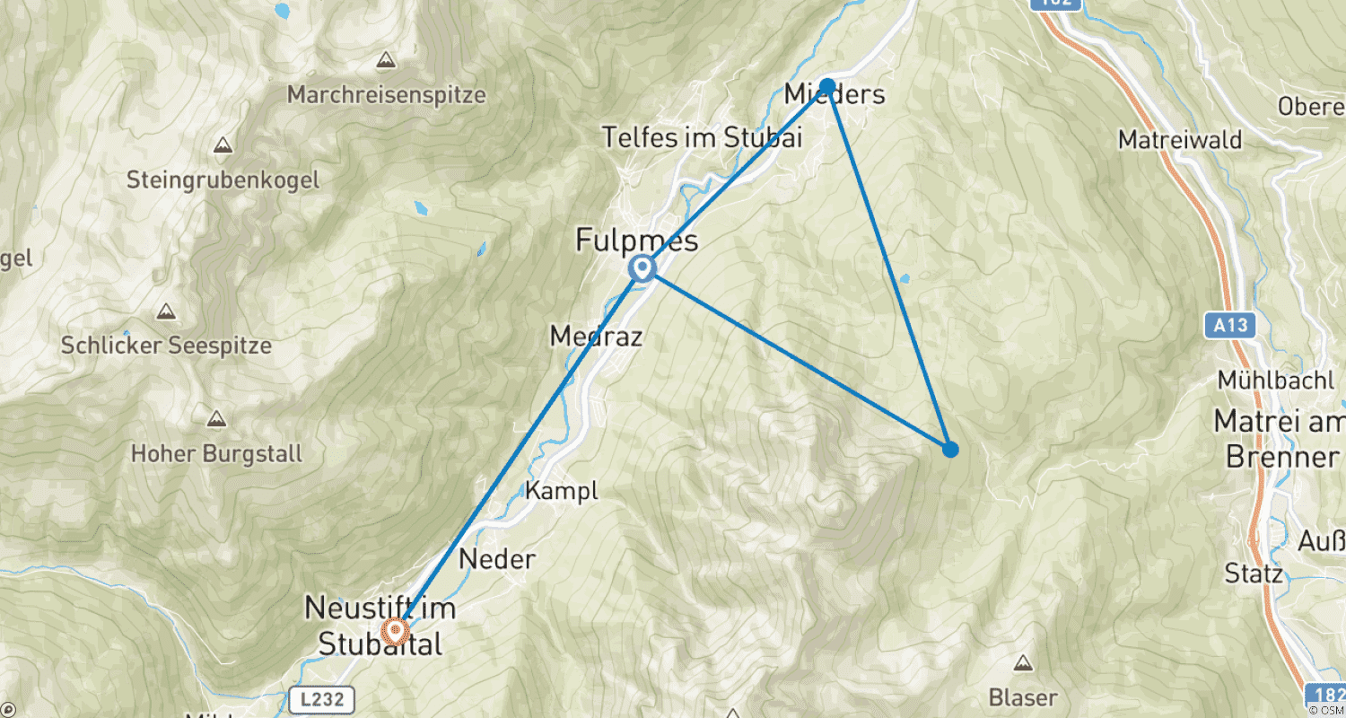 Stubai Alps for Singles and Solo Travellers (7 days)のルートマップ