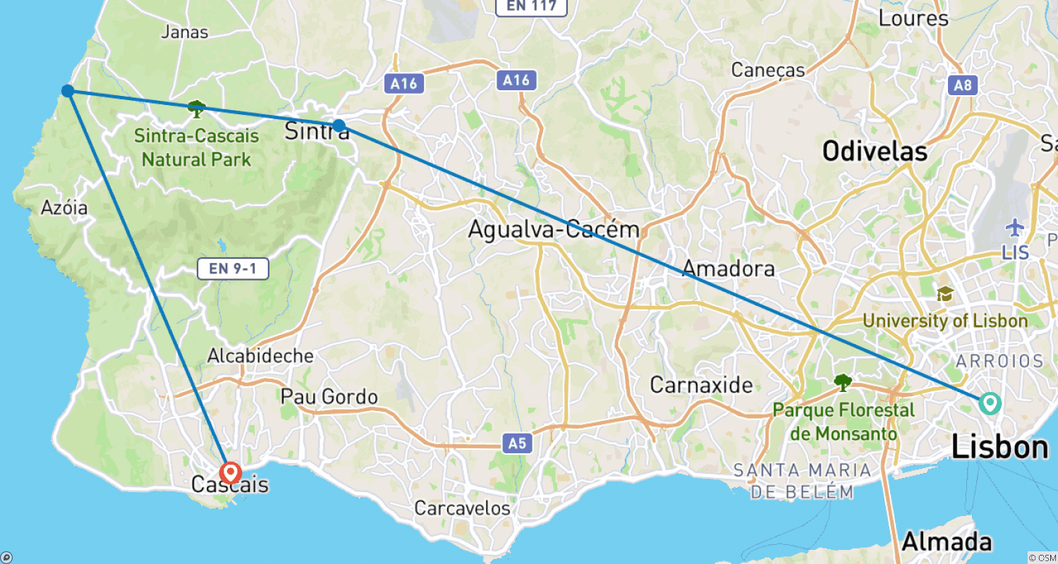 خريطة مسار البرتغال - من Sintra إلى Cascais 8 أيام