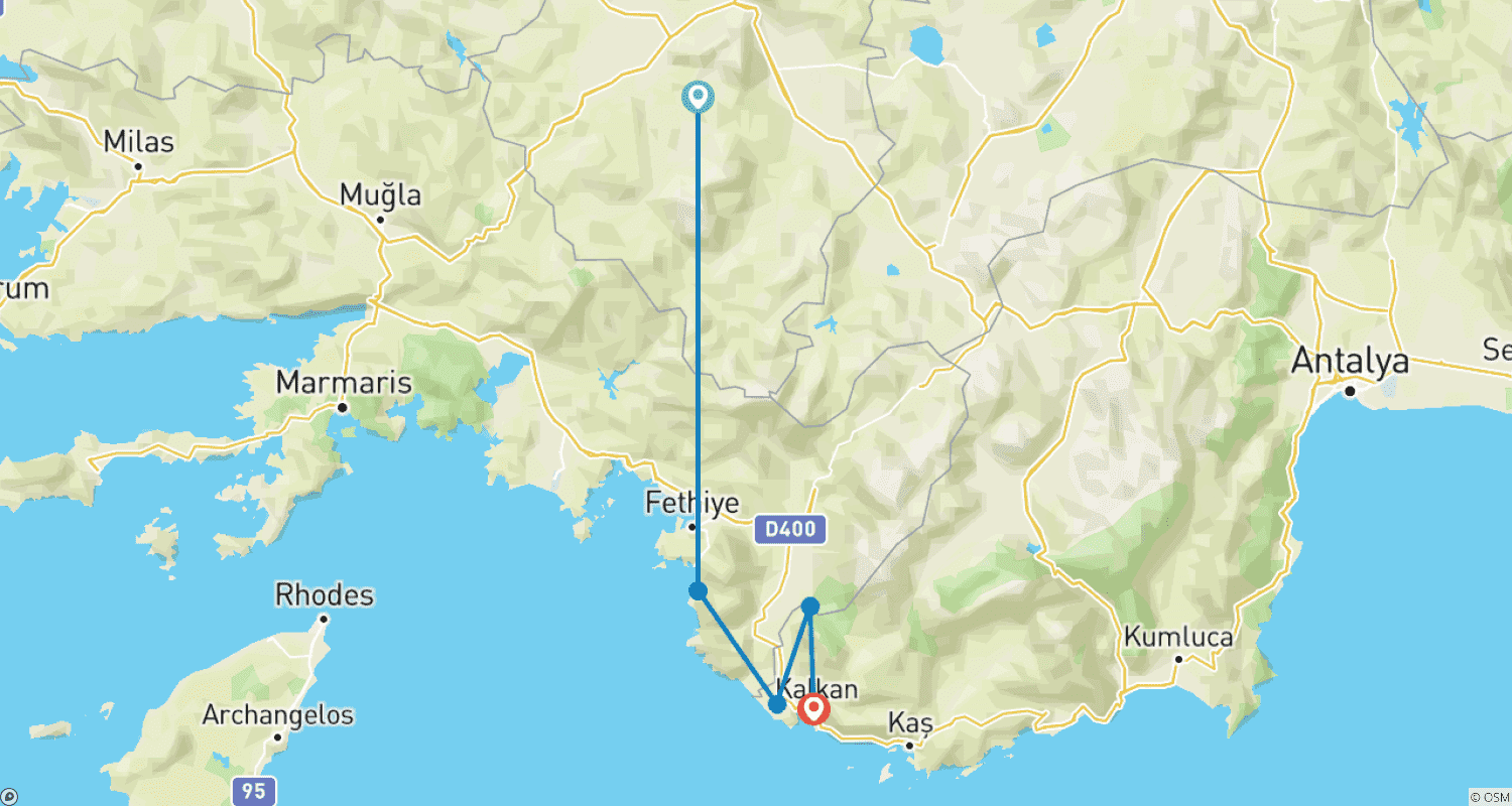 Mapa do percurso de Turquia individualmente - caminhada pela Rota Lícia (8 dias)