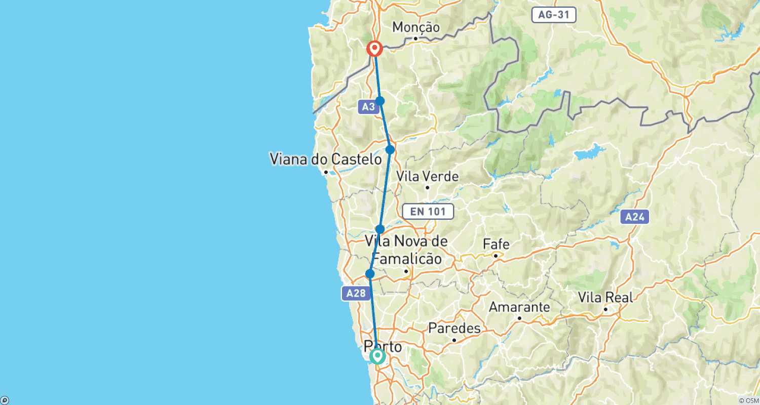 Mapa do percurso de Caminho de Santiago - Caminho Português: Porto-Tui (7 dias)
