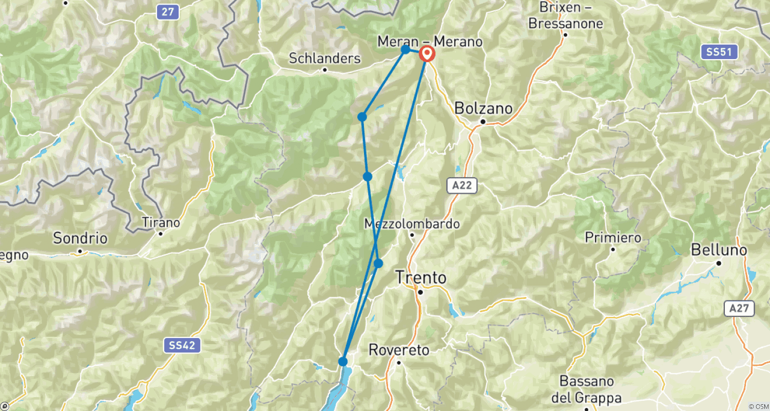Mapa do percurso de Travessia dos Alpes de Merano ao Lago de Garda em 7 Dias