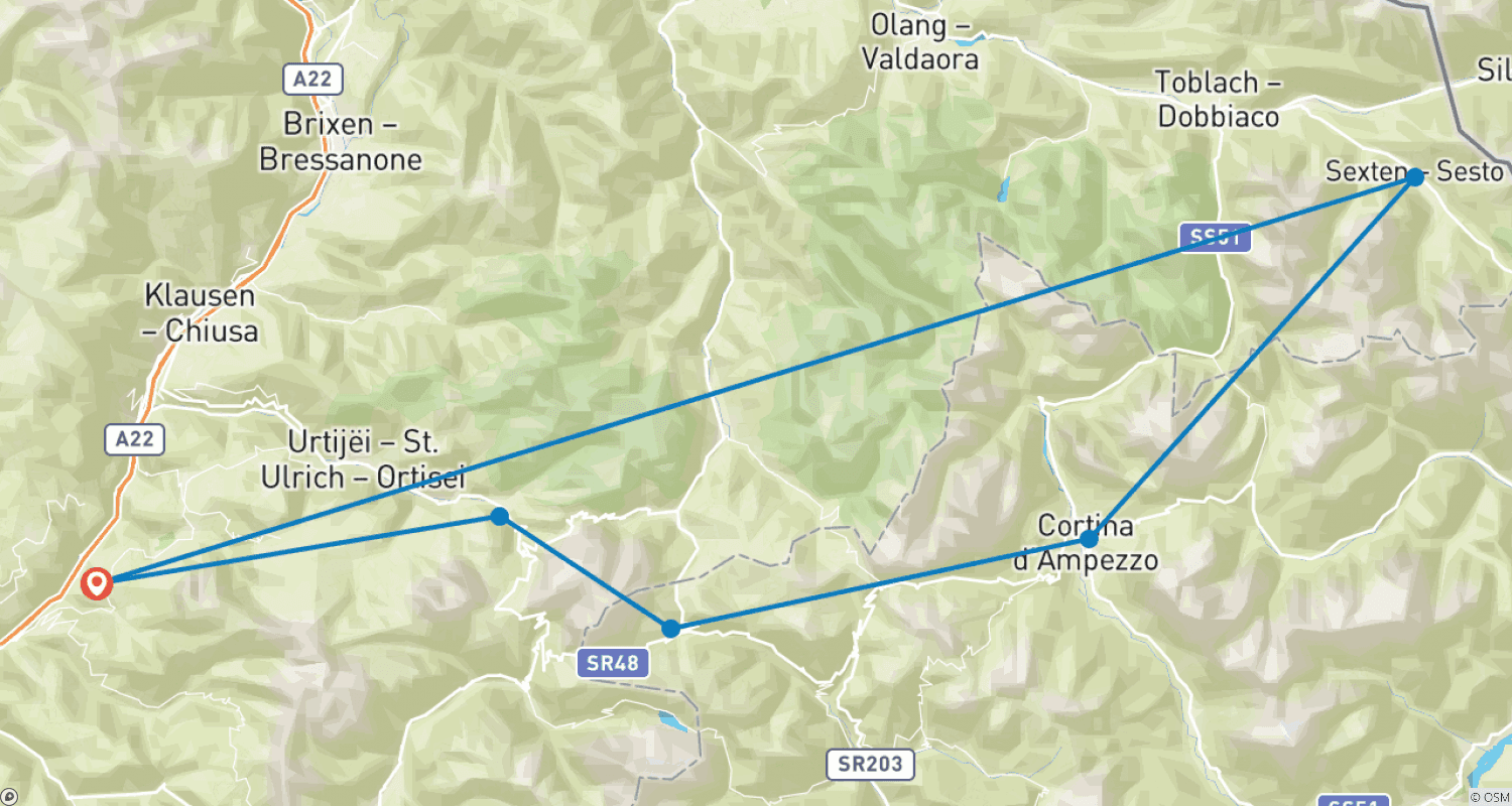 Crossing the Dolomites with Hotel 8 Daysのルートマップ