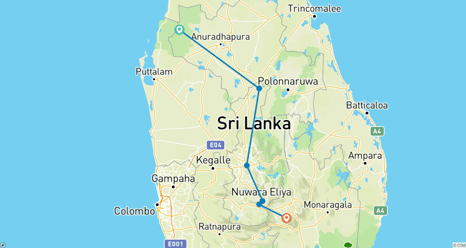 Mapa trasy: Najważniejsze atrakcje Sri Lanki (14 dni)