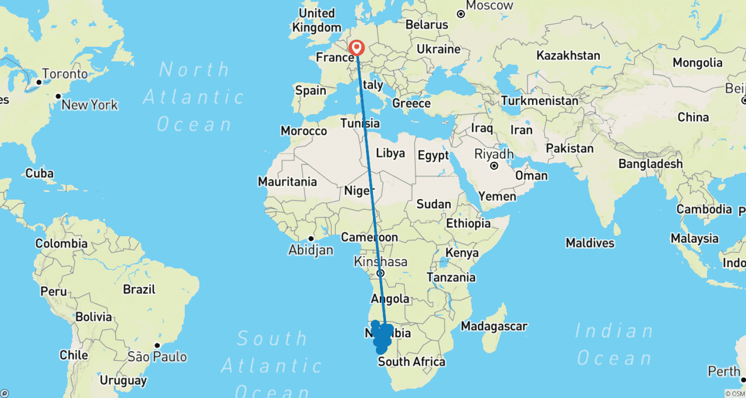 Mapa do percurso de Experiência dos Destaques da Namíbia (14 dias)