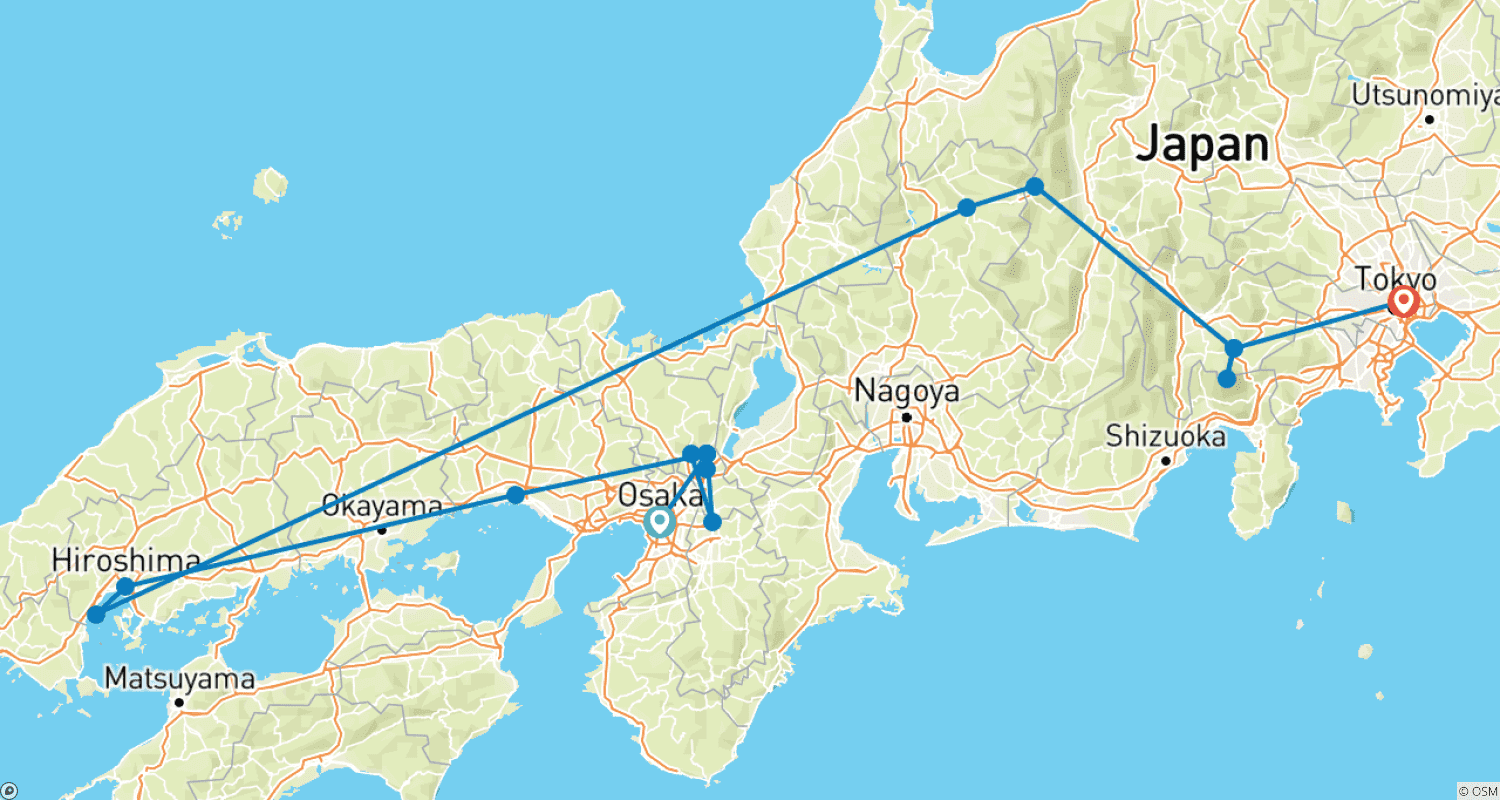 Mapa do percurso de Caminhada pelos Destaques do Japão em 14 Dias