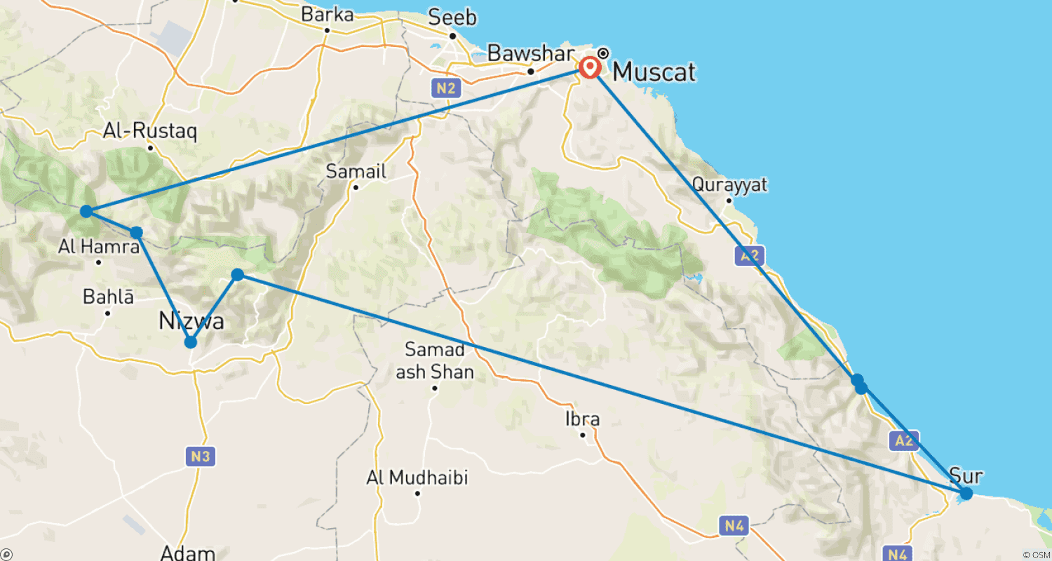 Walk the Kingdom of Oman (11 days)のルートマップ
