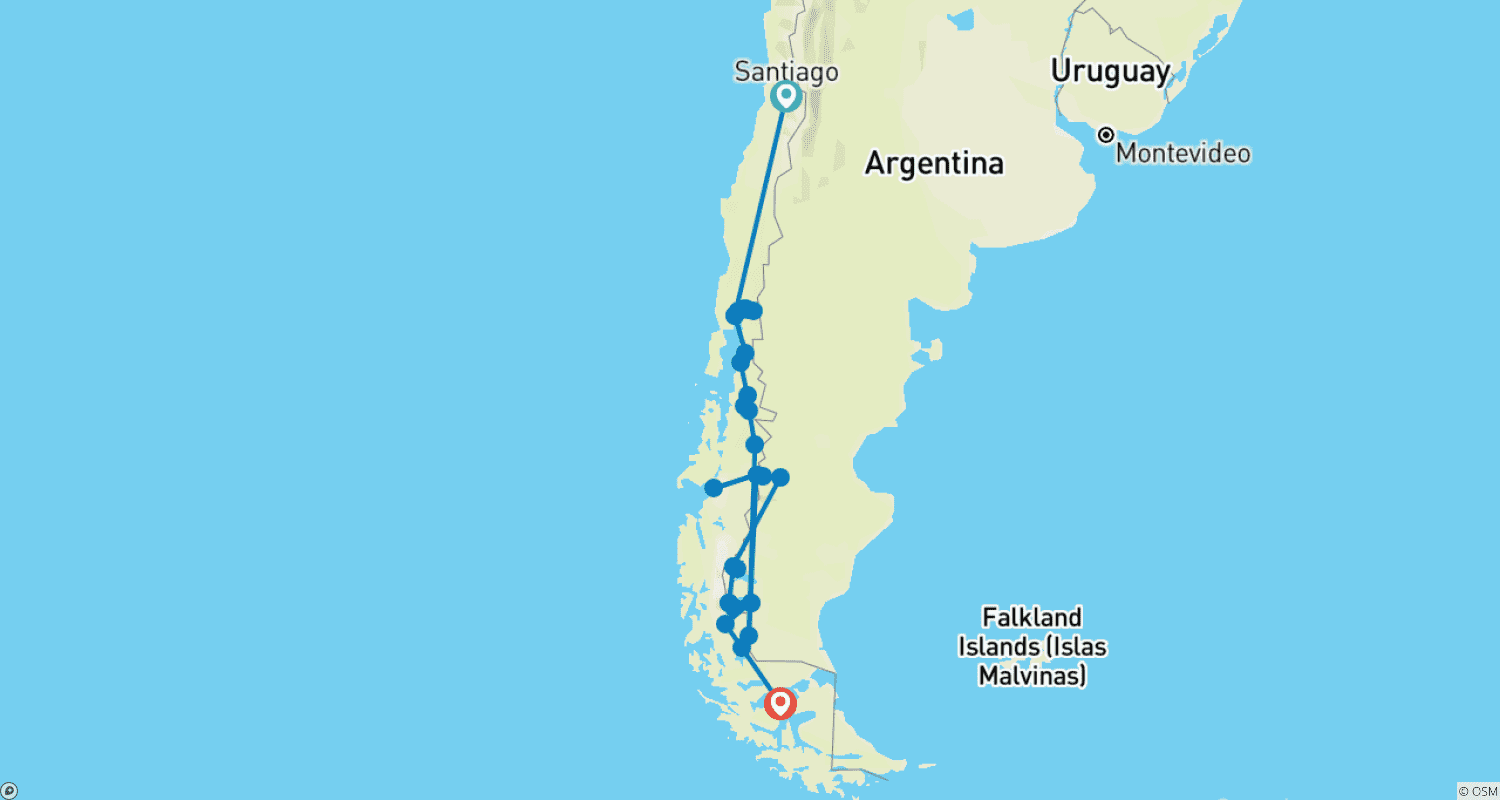 Mapa do percurso de Patagonia Pur 16 Dias