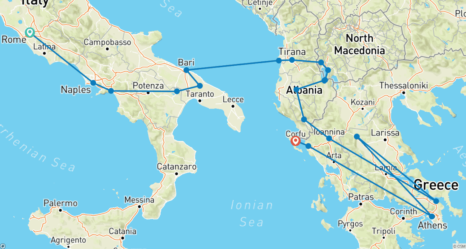 Mapa do percurso de Rome to Athens / Corfu; Semi – Private Tour with Dedicated Tour Leader & Car