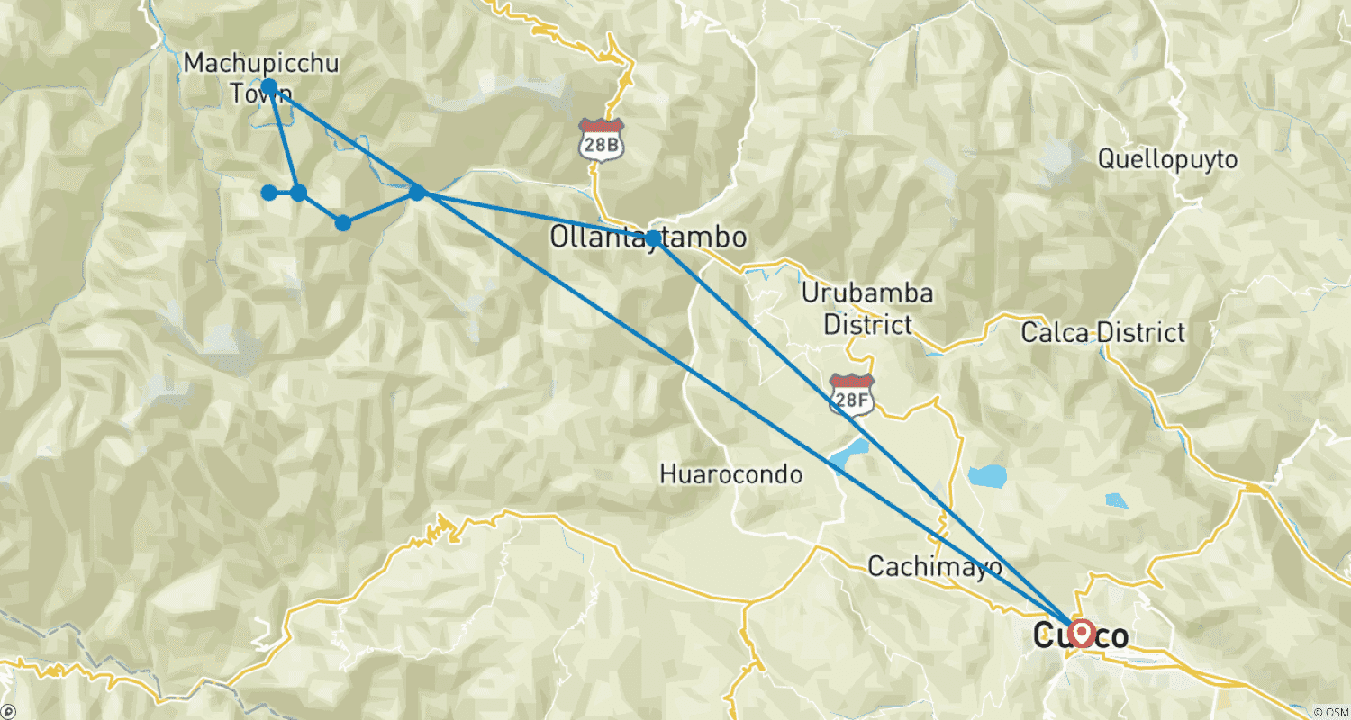 Mapa do percurso de Caminhada Clássica pela Trilha Inca 4D/3N para Machu Picchu (Serviço em grupo)