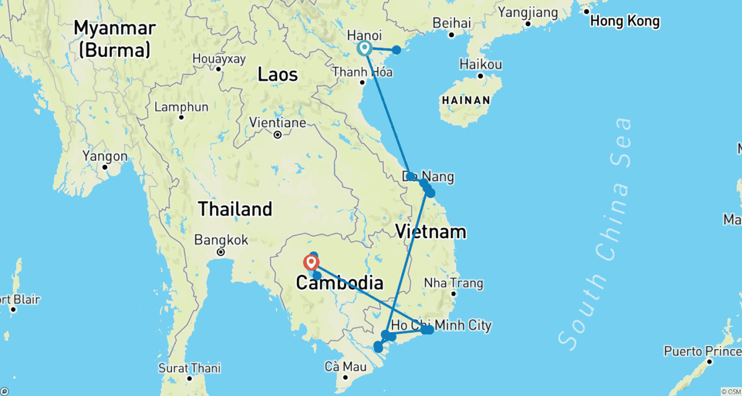 Mapa do percurso de Viagem em Grupo Pequeno com Roteiro e Lazer na Praia - Vietnã e Camboja (voo incluído)