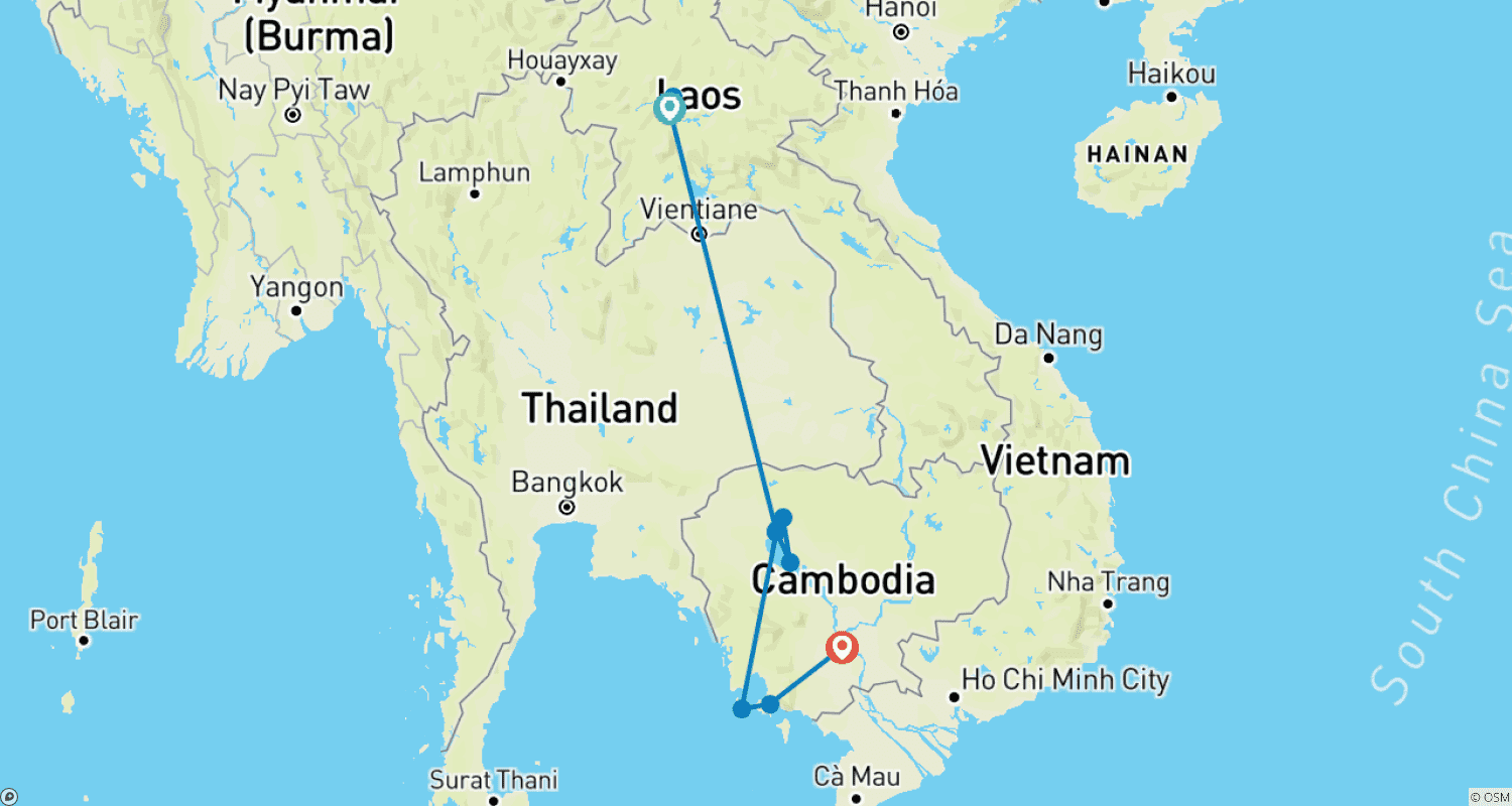 Mapa trasy: Small Group Roundtrip & Bathing - Laos & Cambodia (incl. flight)
