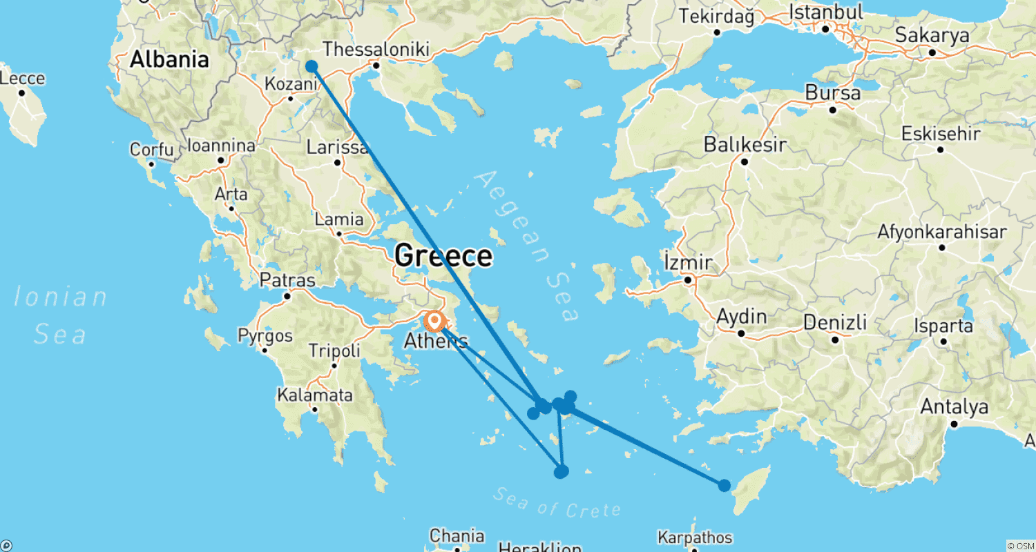 Mapa trasy: Ateny i Odkrywca 3 Greckich Wysp z Wycieczkami z Przewodnikiem - Premium