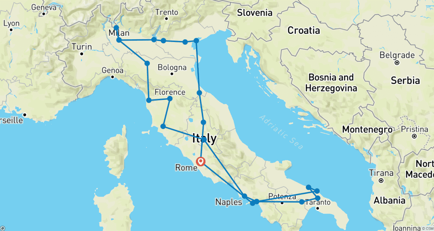 Pearls of Italy; Semi – Private Tour with Dedicated Tour Leader & Carのルートマップ
