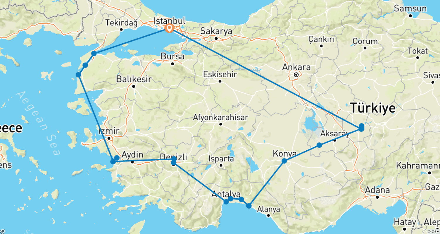 トルコの栄光を巡る旅のルートマップ
