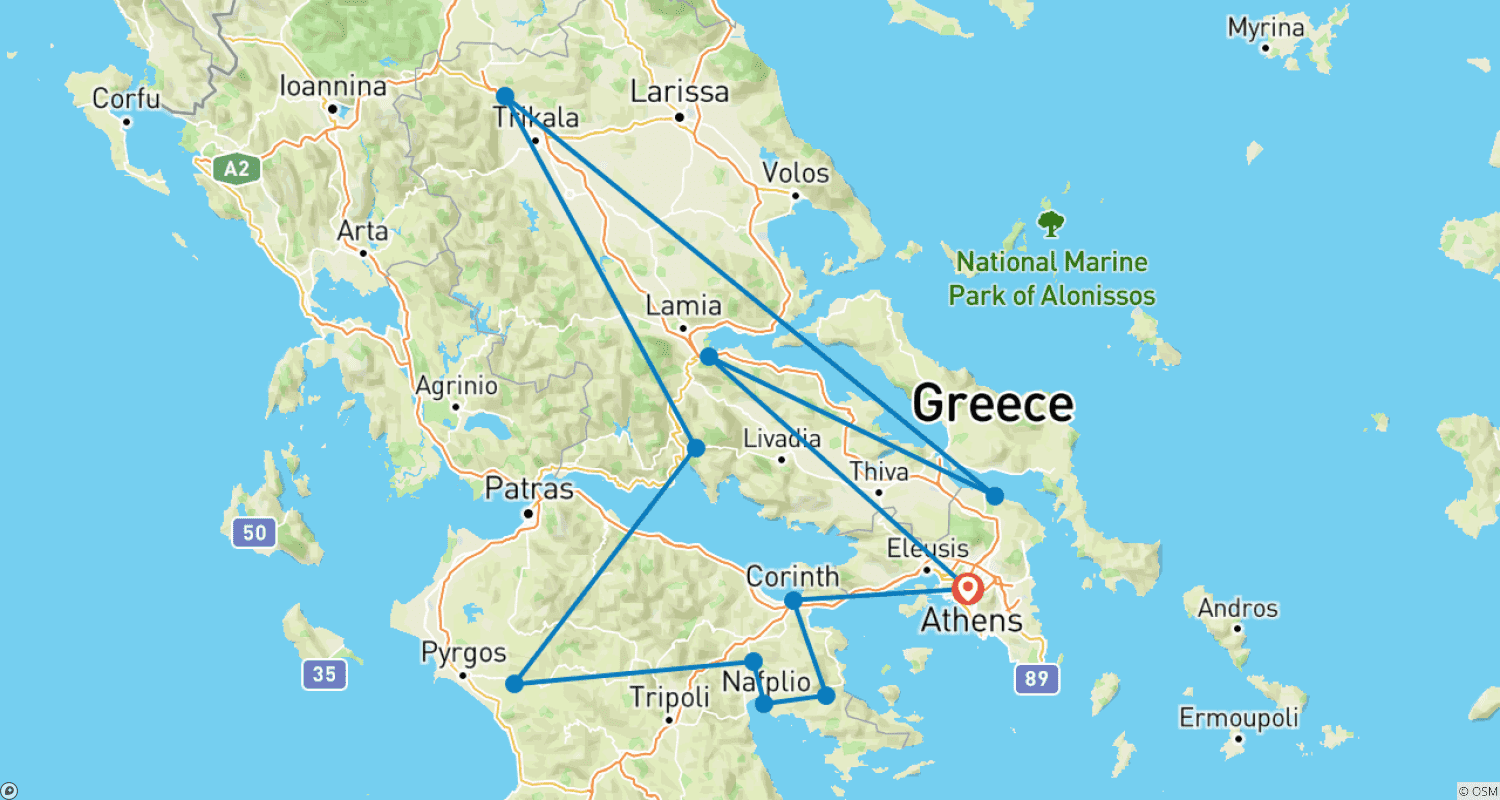 Mapa trasy: Skarby Klasycznej Grecji: Nauplion, Olimpia, Delfy i Meteory