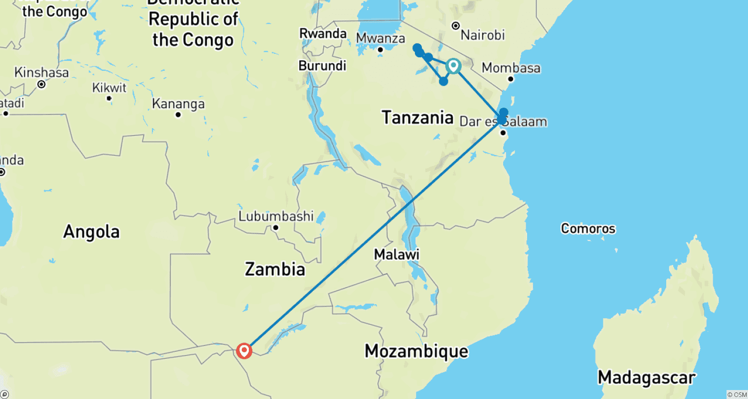 Mapa trasy: 11 Days Tanzania and Zambia Private Tours (Arusha -Livingstone fly in )