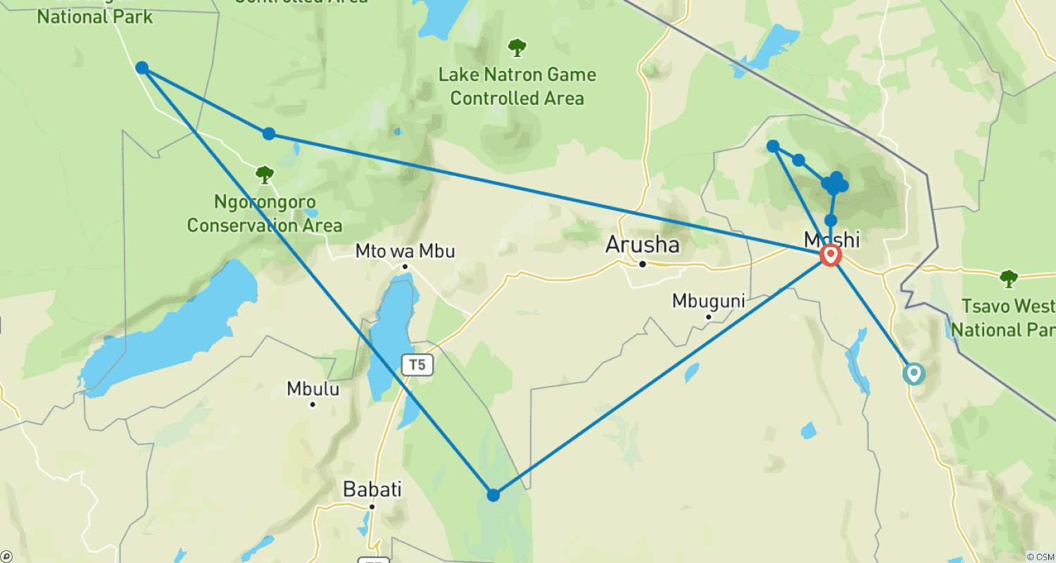 Mapa do percurso de THE PERFECT COMBO – KILIMANJARO CLIMBING AND UNIQUE SAFARI EXPERIENCE: - 14 Days
