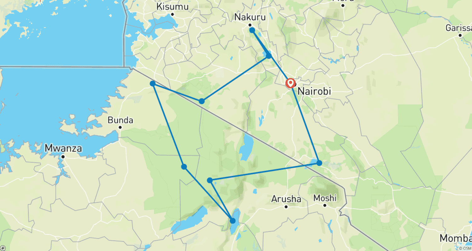 Mapa do percurso de Expedição Safari Definitiva no Quénia e na Tanzânia 14 Dias/13 Noites