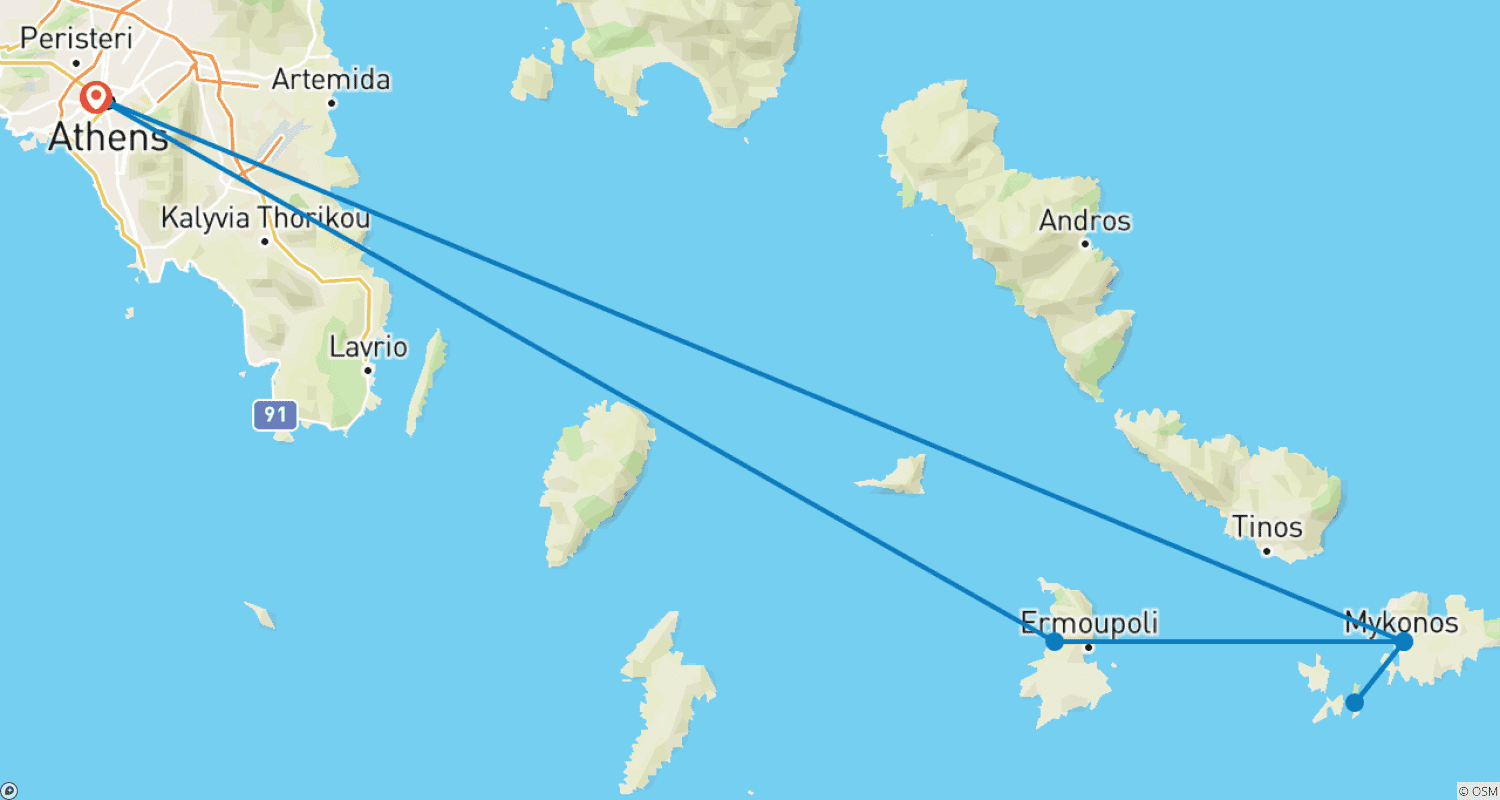 خريطة مسار Athens, Mykonos & Syros with 2 Guided Tours - Standard