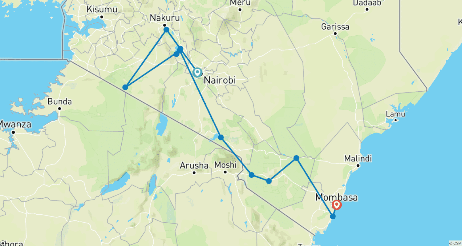 Mapa trasy: 15-dniowe wakacje z Rezerwatu Narodowego Maasai Mara na plażę Diani w Mombasie