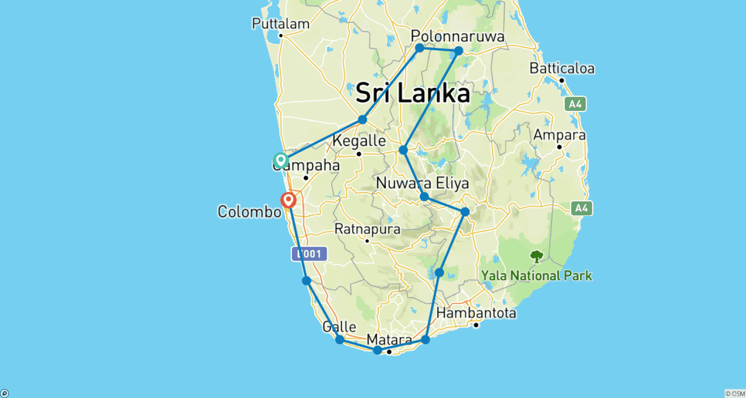 Mapa do percurso de Experiência Única na Vida no Sri Lanka