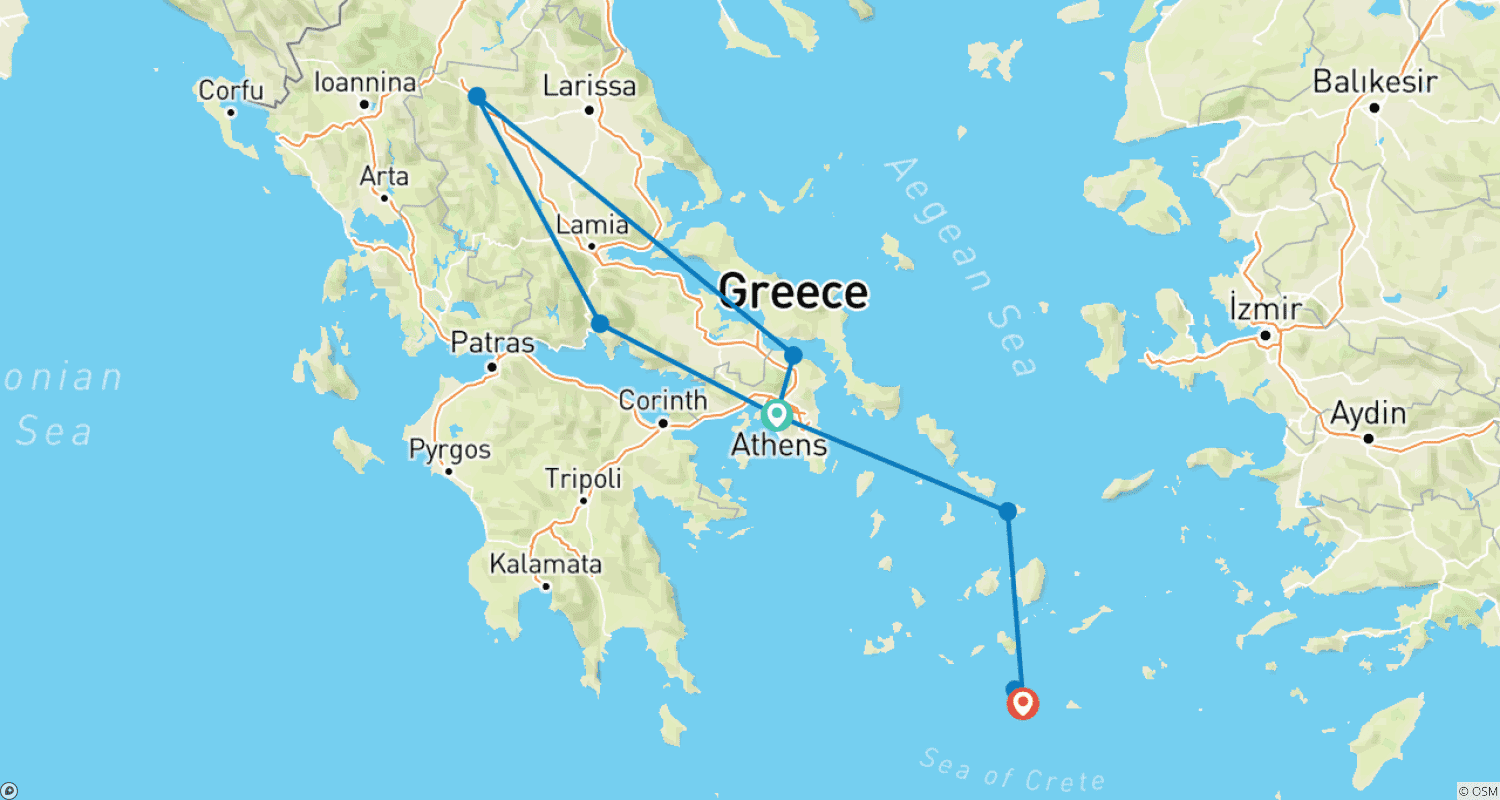 Mapa do percurso de Explorando a Grécia com Atenas, Delfos, Meteora, Míconos e Santorini, Tour Privado