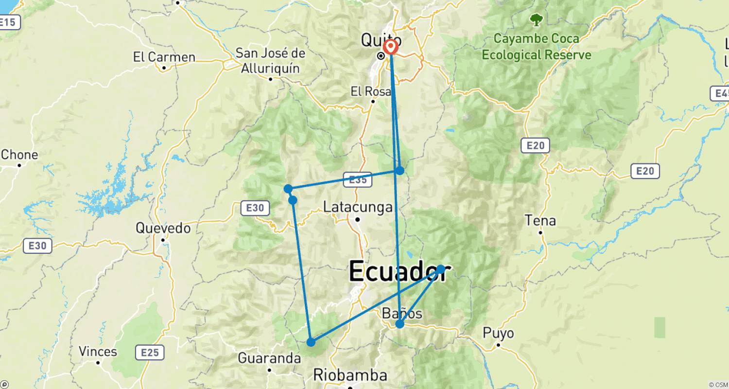 Mapa do percurso de Trekking no Equador - Rota dos Vulcões - 8 dias