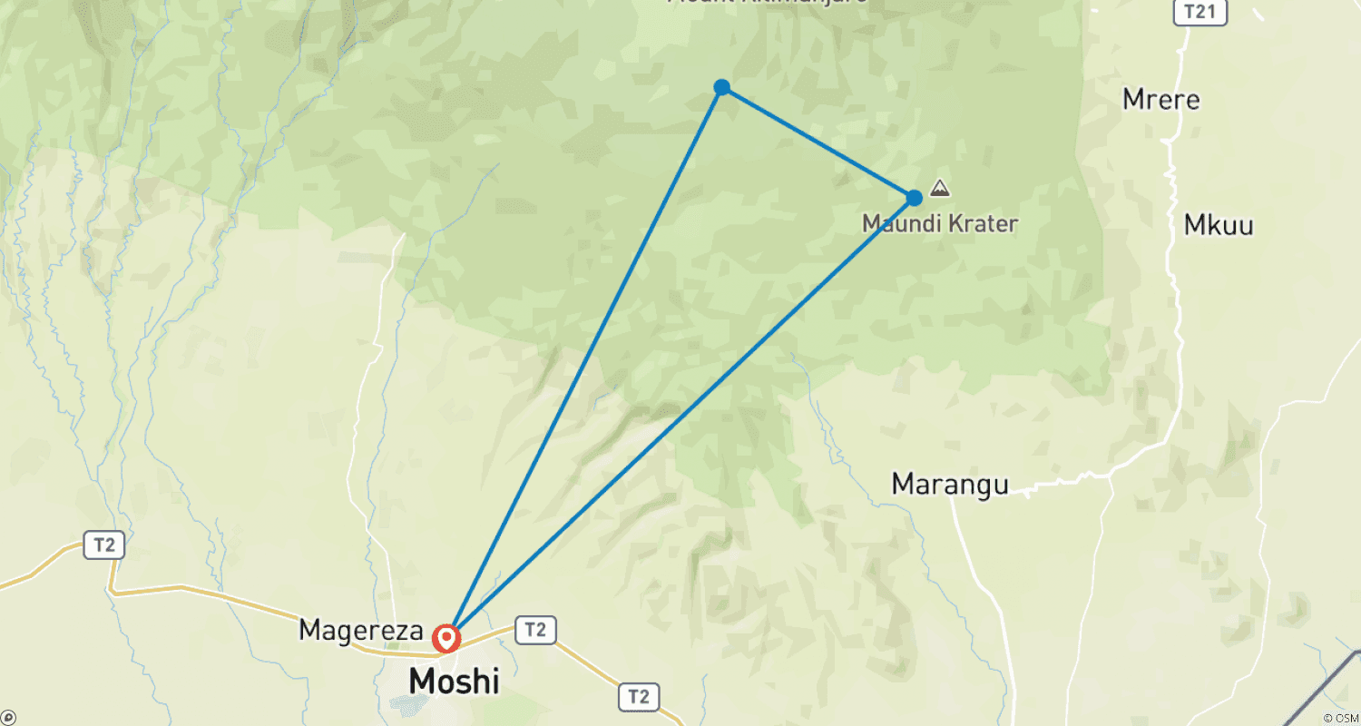 Mapa do percurso de Caminhada Curta de 2 Dias no Monte Kilimanjaro