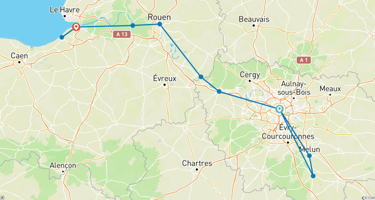 Mapa do percurso de O Sena Sinuoso (cruzeiro de porto a porto) (de Paris a Honfleur)