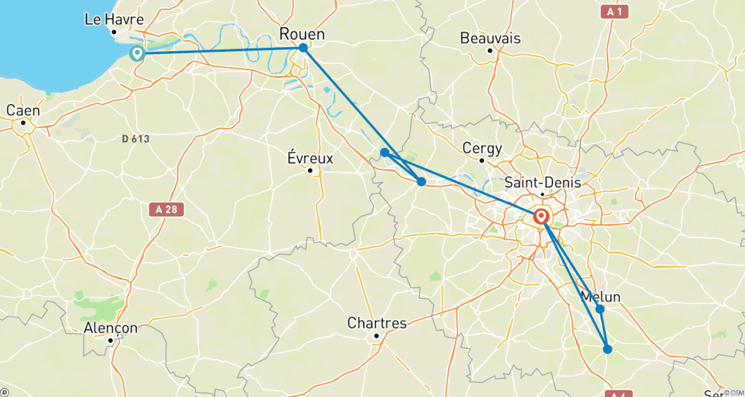 Mapa do percurso de O Sena Sinuoso (cruzeiro de porto a porto) (de Honfleur a Paris)