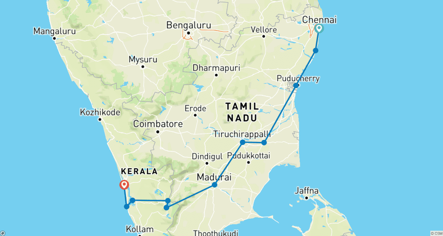 Mapa do percurso de Melhor Tour pelo Sul da Índia